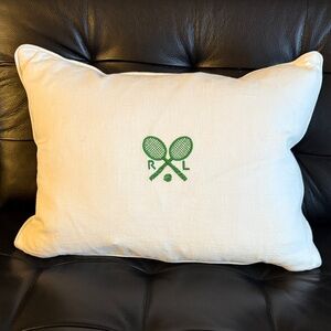 NWT Ralph Lauren Cream Pillow with Green Tennis Logo 15x20 Linen 100%